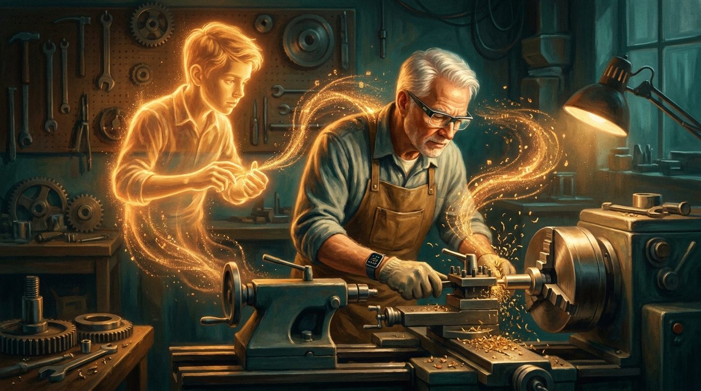 Master lathe operator with smart glasses teaching an apprentice of light