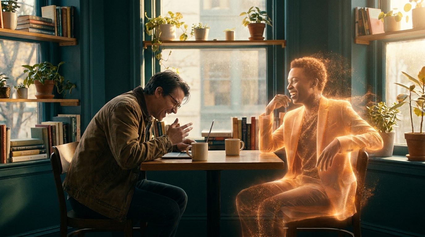 Human talking with an amber-lit synthetic colleague