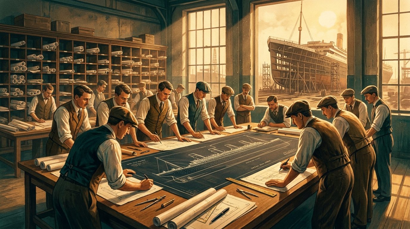 Engineers in 1910 drawing a ship by hand