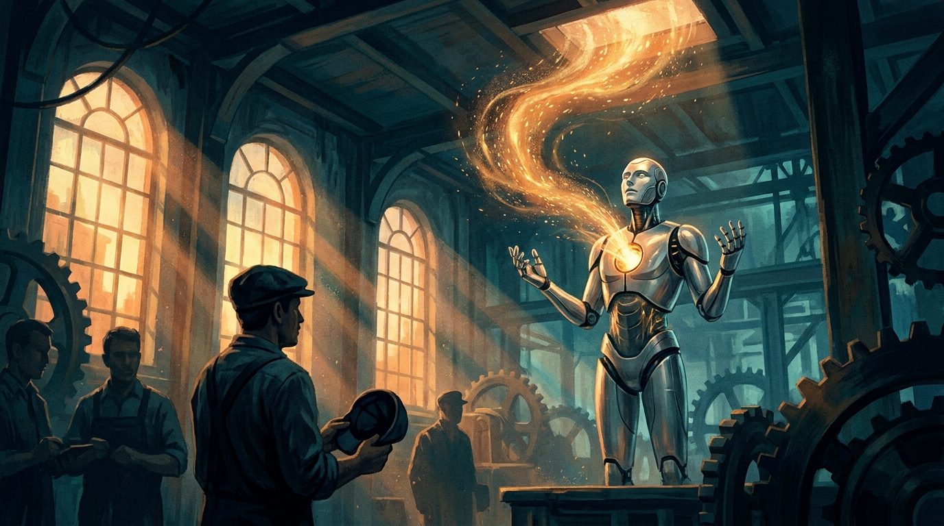 Amber-lit soul descending onto a humanoid robot