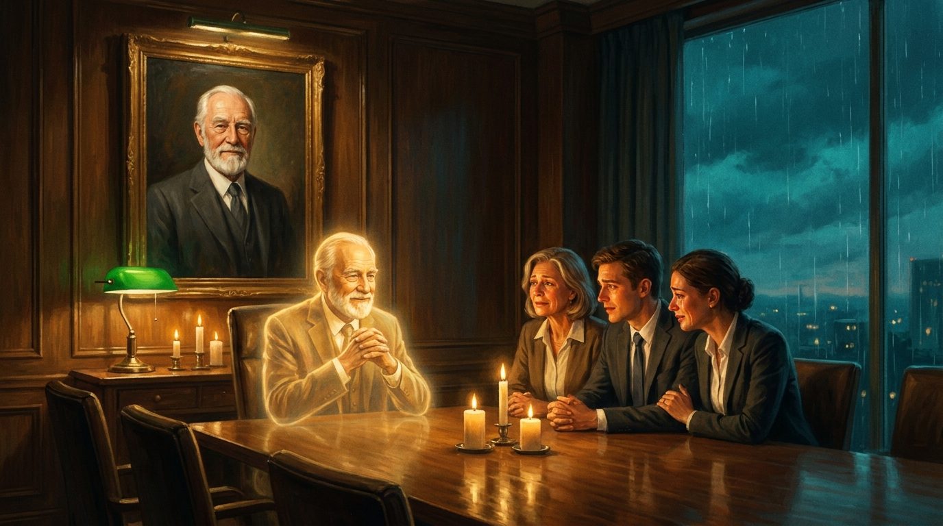 Golden-lit counselor guiding the next generation in the boardroom