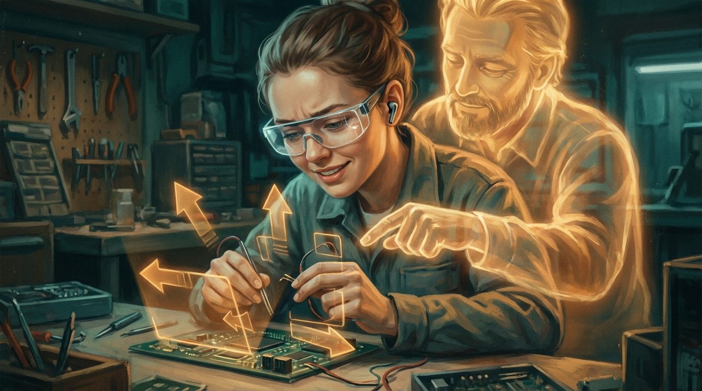 Young factory worker guided by amber holograms and a mentor of light