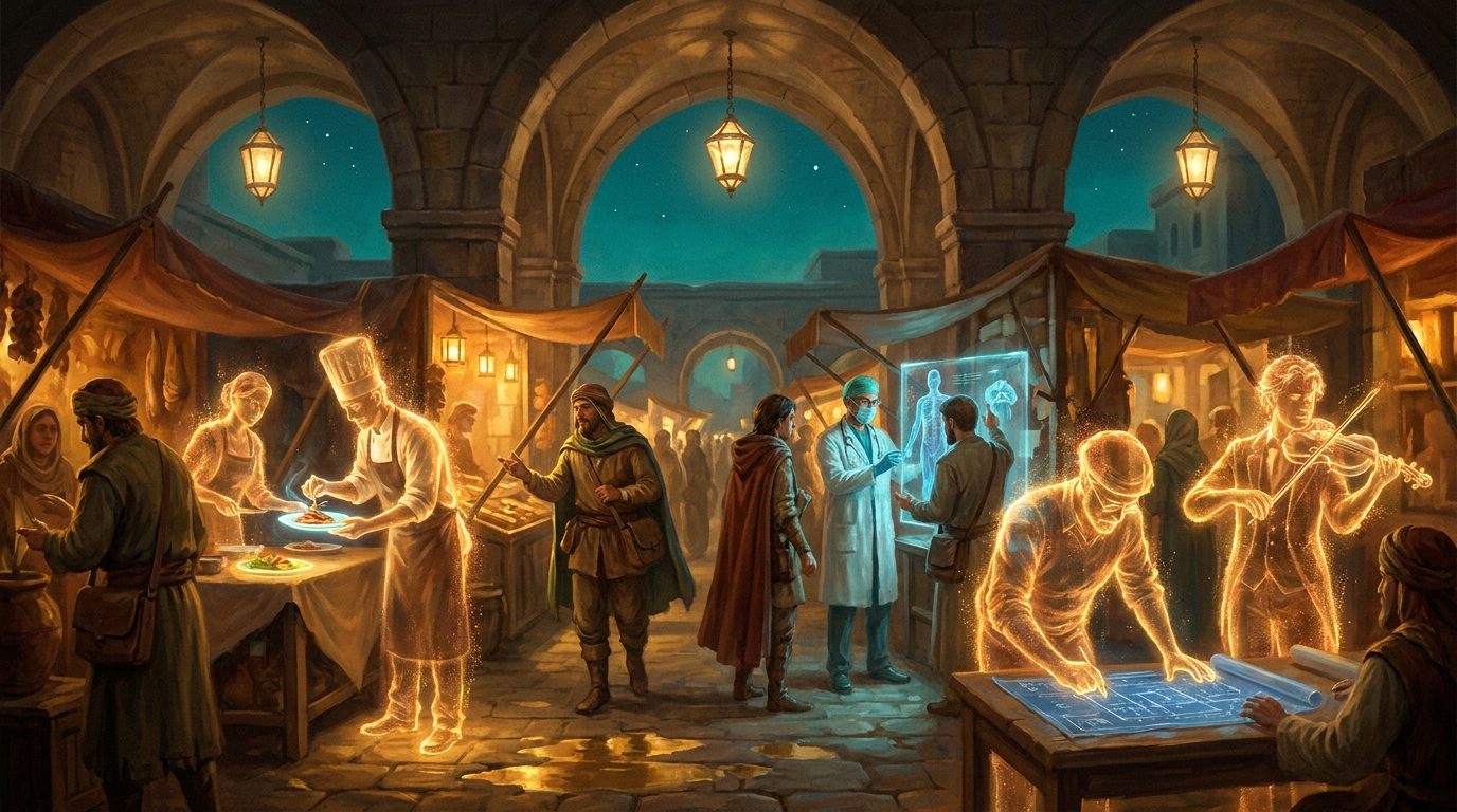 Night bazaar of synthetic specialists of light